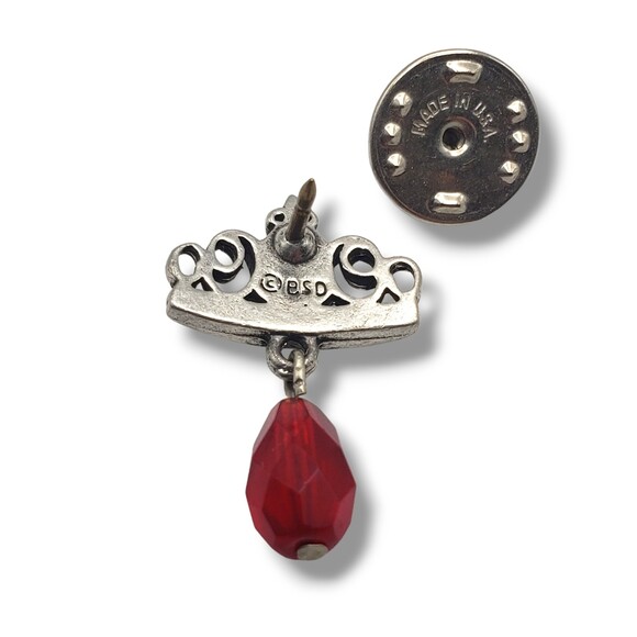 BSD Bob Siemon Designs Pewter Crown Fleur De Lis Red Bead Lapel Tie Pin - Picture 4 of 7